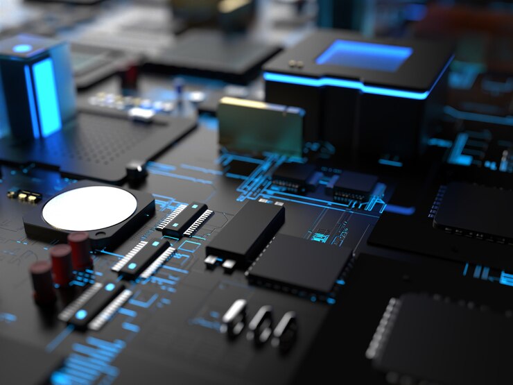 Different parts of computer chips and transistors