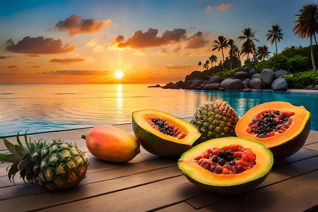 diffusione colorata di frutti tropicali come papaia, mango, frutto della passione e ananas