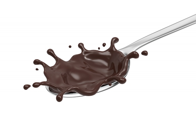 Diffusione squisita del dessert naturale del cioccolato fondente che spruzza sul cucchiaio d'argento con fondo bianco isolato, illustrazione 3D.