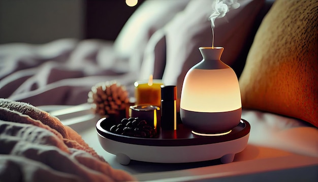 Diffusore di fragranze aromatiche per la casa con candele accese sul letto Atmosfera accogliente Benessere Stile di vita sano