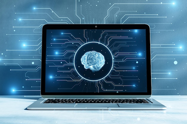 Digital brain on a laptop screen depicting the concept of artificial intelligence and machine learning 3D Rendering