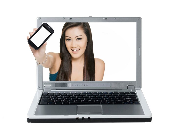 Photo digital composite image of woman showing smart phone through laptop screen