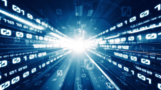 digital data flow on road in concept of cyber global communication and coding with graphic creating vision of fast speed transfer to show agile digital transformation , disruptive innovation .
