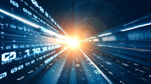 digital data flow on road in concept of cyber global communication and coding with graphic creating vision of fast speed transfer to show agile digital transformation , disruptive innovation .