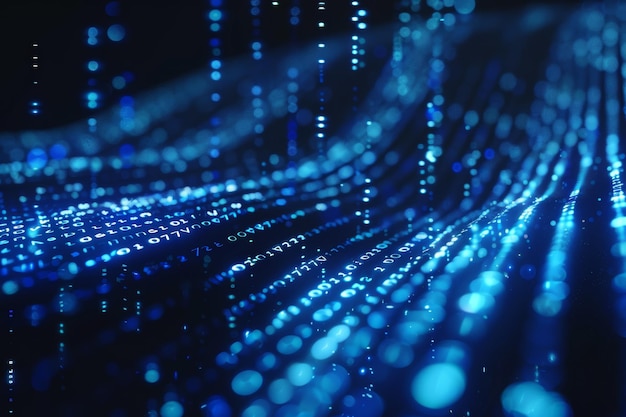 Digital data stream of blue numbers and code flowing in the dark space abstract background for technology or digital information concept with binary number on black screen