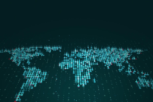digital dots world map on binary code background