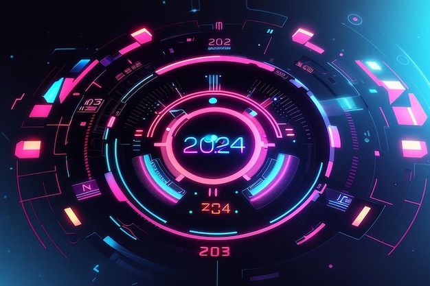 Digital Futuristic Interface Displaying Year 2024 Advanced Technological Circular HUD with Illuminating Neon Elements Hitech numbers Vector illustration graphic template