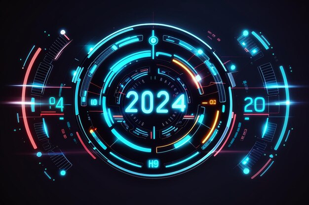 Digital Futuristic Interface Displaying Year 2024 Advanced Technological Circular HUD with Illuminating Neon Elements Hitech numbers Vector illustration graphic template