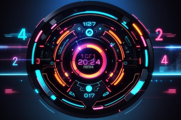 Digital Futuristic Interface Displaying Year 2024 Advanced Technological Circular HUD with Illuminating Neon Elements Hitech numbers Vector illustration graphic template