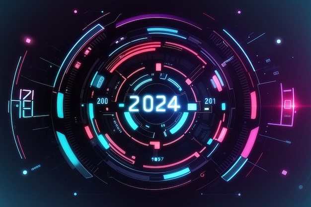 Digital Futuristic Interface Displaying Year 2024 Advanced Technological Circular HUD with Illuminating Neon Elements Hitech numbers Vector illustration graphic template