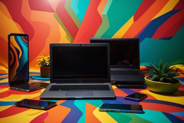 Digital Harmony Laptop PC e telefoni su uno sfondo colorato