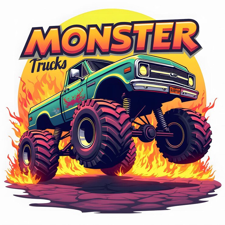 Digital Illustration of a RetroFuturistic Monster Truck Performing a Wheelie with Bold Text
