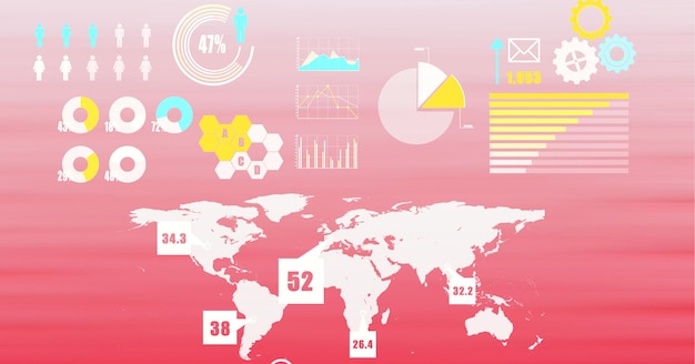 Digital interface with data processing over world map against pink gradient background
