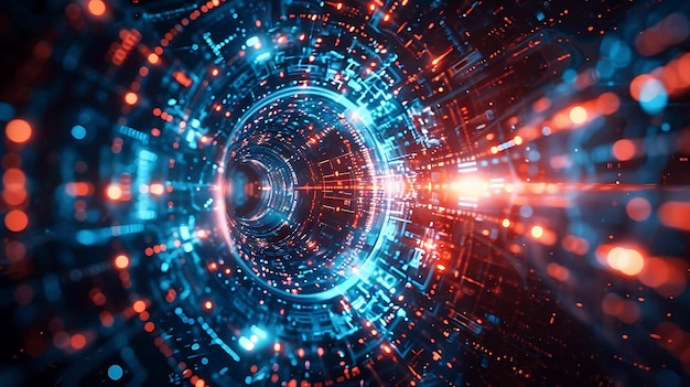 digital lines radiating outwards like a circular circuit board with a neon glow abstract concept of