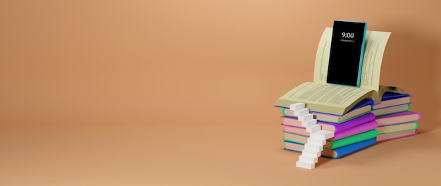 digital online education. 3d of mobile on books about learning on phone, computer. social distance concept. classroom online internet network.