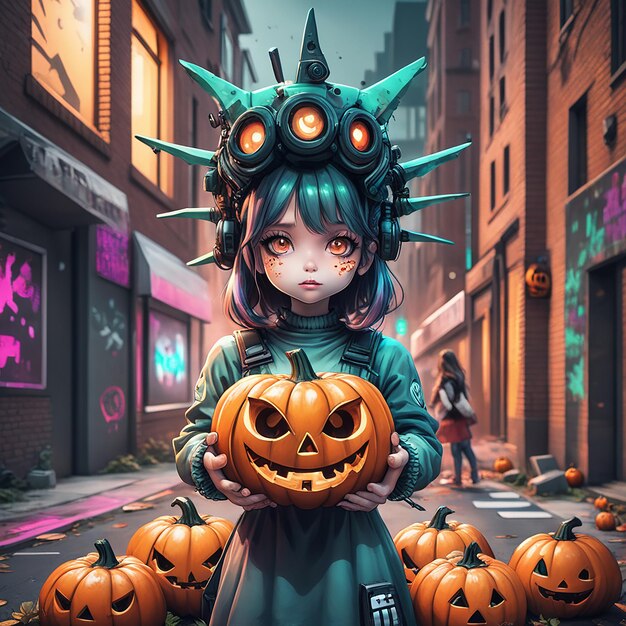 Digital Pumpkin Halloween Internet Technology Girl Multi Color Halloween Letter e Robot Girl