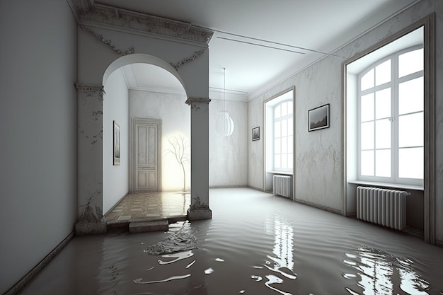 Diluvio nella stanza vuota dell'edificio interno piatto allagato creato con ai generativo