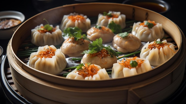 Dim sum cinese al vapore in cesto di bambù