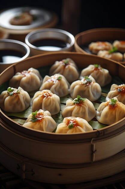 Dim sum cinese al vapore in cesto di bambù