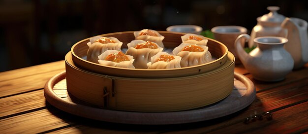 Dim sum servito su un tavolo di legno