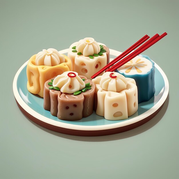 Dim sum sul piatto con bacchette da mangiare cartone animato icona vettoriale illustrazione di cibo oggetto icona concetto isolato