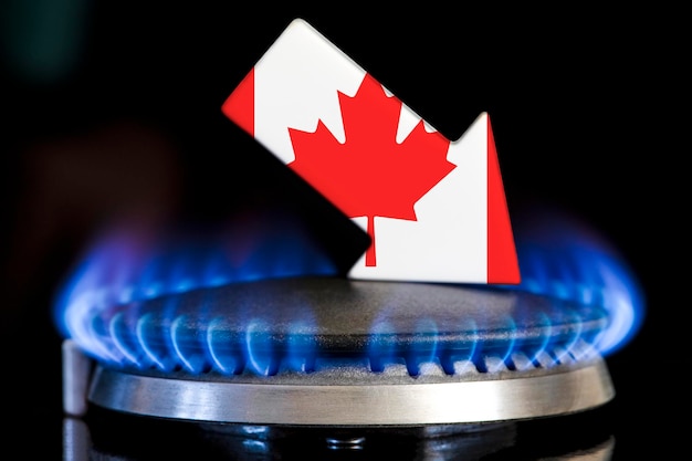 Diminuzione delle forniture di gas in Canada una stufa a gas con una fiamma che brucia e una freccia nei colori del