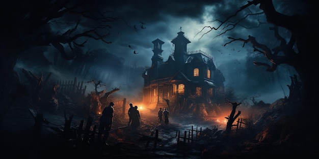 Dimly illuminato Halloween castello infestato con figure spettrali nelle vicinanze e sui gradini tra gli alberi nebbiosi