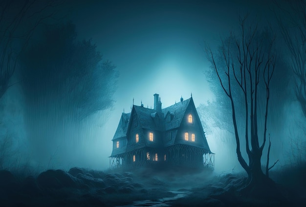 Dimora di una strega uno stregone Spaventosa vecchia casa infestata nei boschi Mistica notte raccapricciante nebbia 3D rendering AI generato