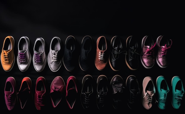 Dimostrazione di una collezione di modelli di scarpe classiche in fila sfondo nero AI generato