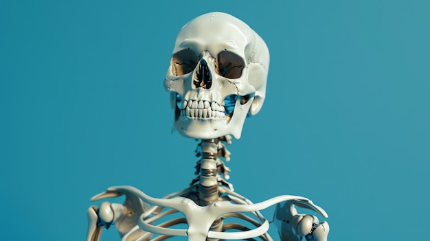 Dimostrazione educativa di un modello di testa di scheletro umano che evidenzia l'anatomia e la struttura ossea su uno sfondo blu vibrante