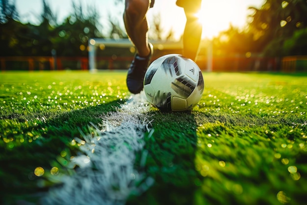 Dinamico calciatore in azione sul campo con il calcio