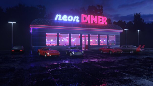 Diner al neon e auto retrò a tarda notte Nebbia pioggia e colore rif