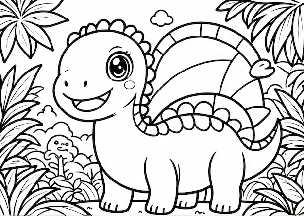 Dino Discovery Cute Kawaii Dinosaur Pagina da colorare nell'ambientazione della giungla generata da AI