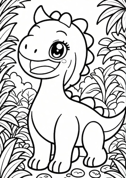 Dino Discovery Cute Kawaii Dinosaur Pagina da colorare nell'ambientazione della giungla generata da AI