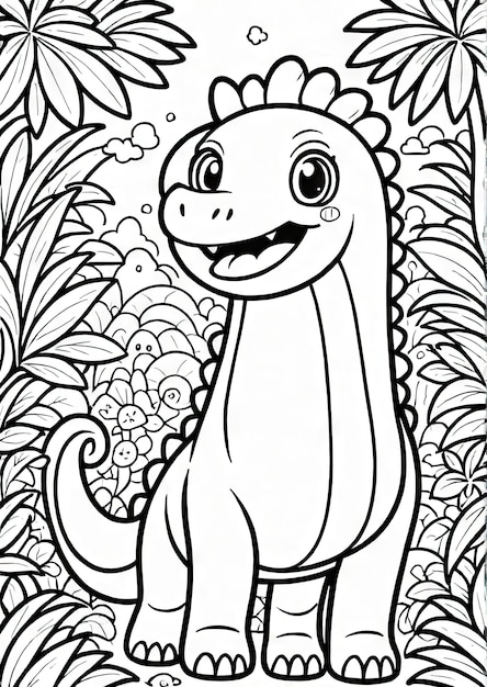 Dino Discovery Cute Kawaii Dinosaur Pagina da colorare nell'ambientazione della giungla generata da AI