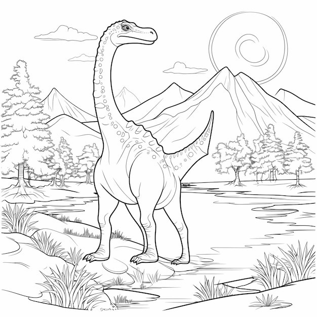 Dino Oasis Serene Brachiosaurus Pagina da colorare con alberi vivaci