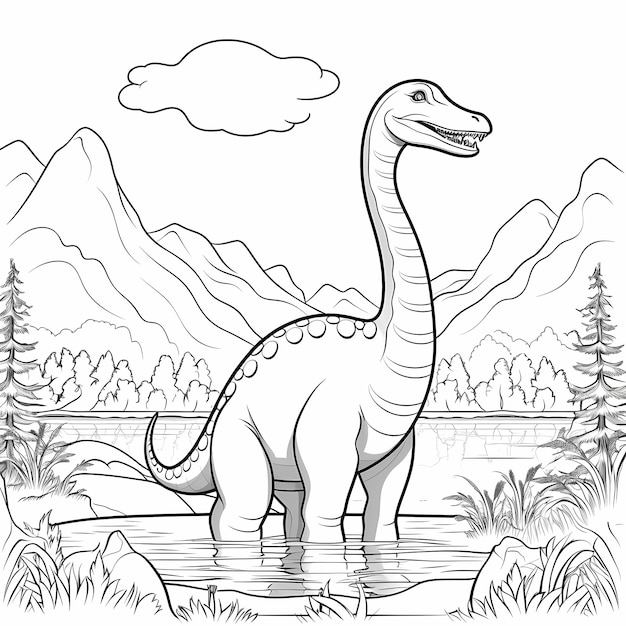 Dinosauro amici fogliosi Brachiosauro carino Pagina da colorare con alberi lussureggianti