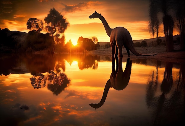 Dinosauro Brachiosauro al tramonto in riva al lago