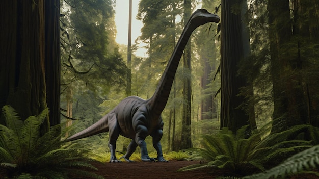 Dinosauro carnivoro giurassico realistico in piedi nella foresta catturato nel film 8K ancora da Jurassic World con ibrido sauroform