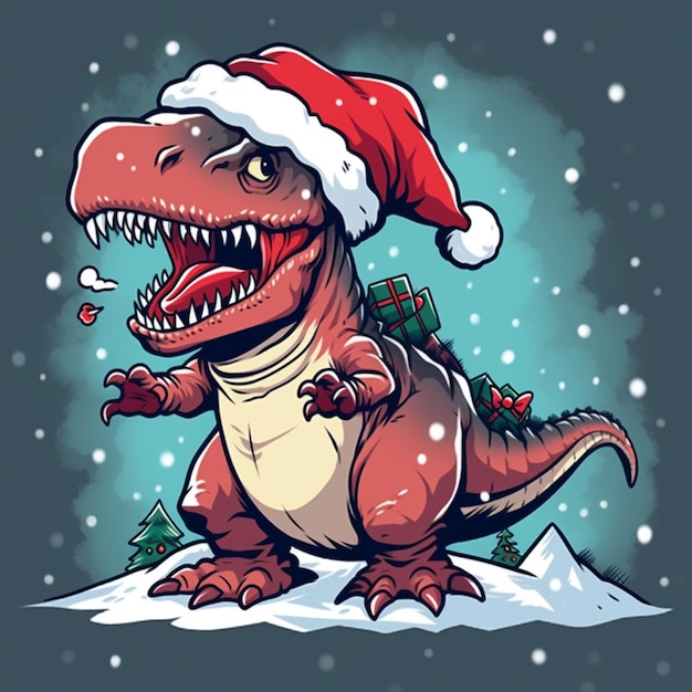 dinosauro dei cartoni animati con il cappello di Babbo Natale e regali su una collina innevata