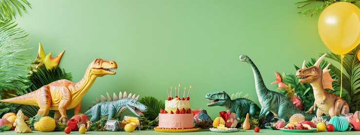 Dinosauro epoca giurassica concetto celebrazione compleanno sfondo con colori vivaci regali torta palloncini