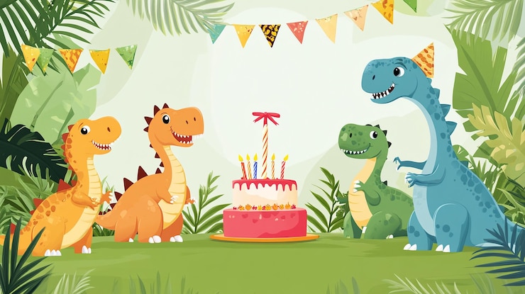 Dinosauro epoca giurassica concetto celebrazione compleanno sfondo con colori vivaci regali torta palloncini