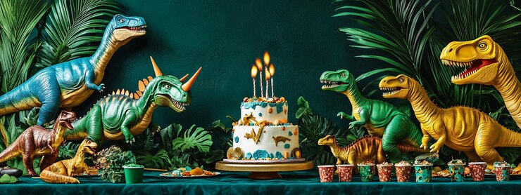 Dinosauro epoca giurassica concetto celebrazione compleanno sfondo con colori vivaci regali torta palloncini