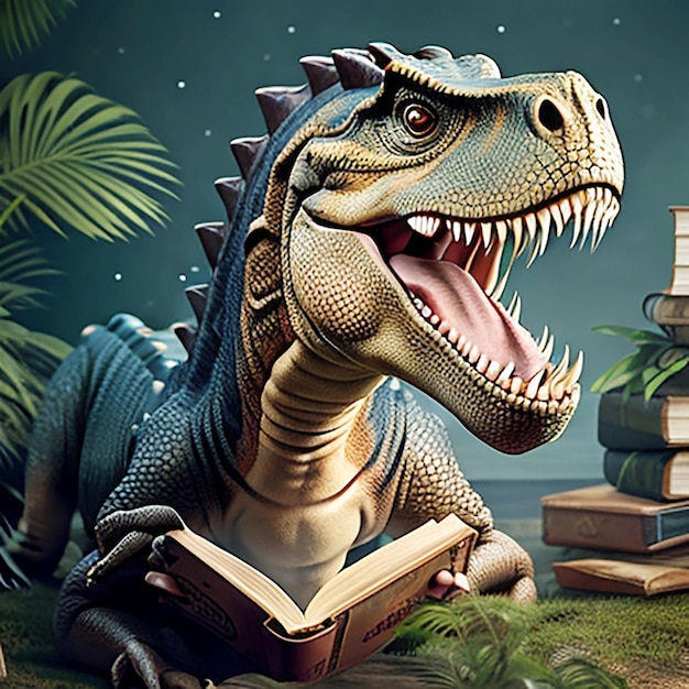 dinosauro immagine in stile 3d leggere il libro sfondo divertente