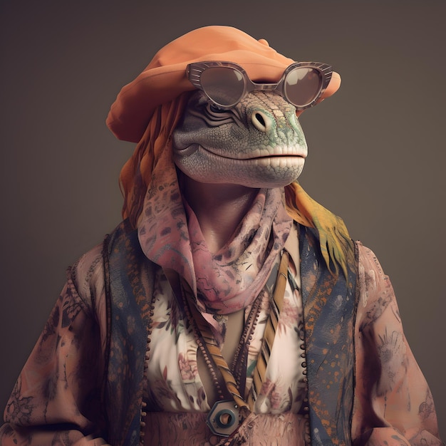 dinosauro in abito hippie medievale boho boho con perline surreali