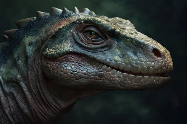 Dinosauro incredibile e fotorealistico Periodo Giurassico Rettile gigantesco Vista ravvicinata Dinosauro bello e spaventoso Dino pericoloso IA generativa