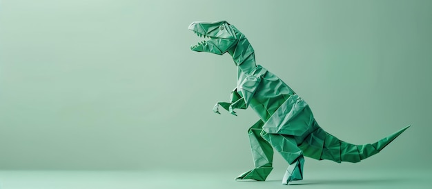 Dinosauro origami verde su uno sfondo verde chiaro AI generativa