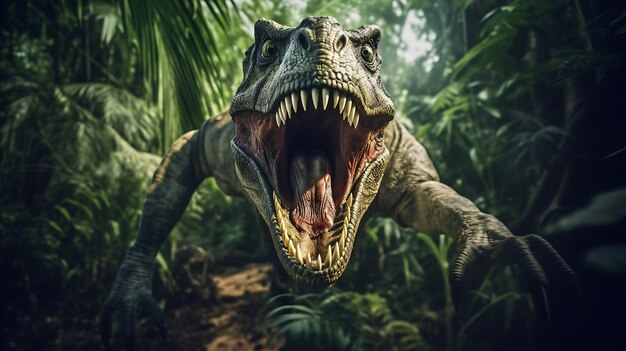 Dinosauro predatore nella giungla in cerca di cibo Ai Generative