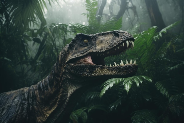 Dinosauro raccapricciante spaventoso nella giungla piovosa