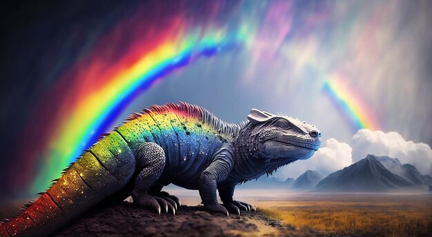 Dinosauro sotto un arcobaleno in un paesaggio splendido